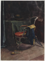 KT 1325
<br/>
Stoel bij een tafel met ernaast twee sloffen
<br/>
<em>Bastert, Nicolaas (1854-1939)</em>